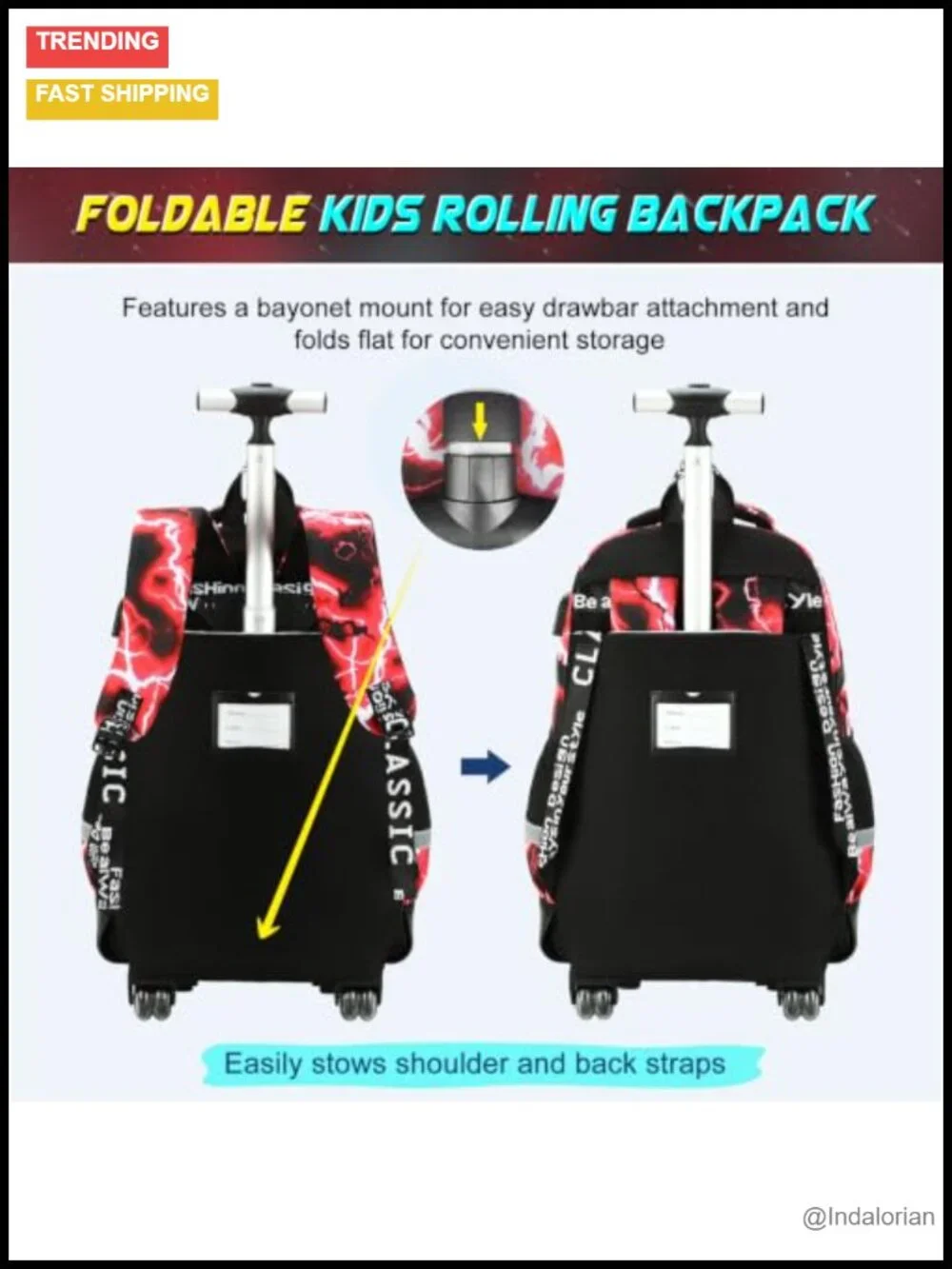 Rolling Backpack for Boys with Lunch Bag & Pencil Pouch, Luminous Gamer Design,